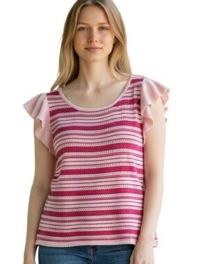 Frenchi 100% Cotton Pink Striped Ruffle Sleeve Knit Top Small
